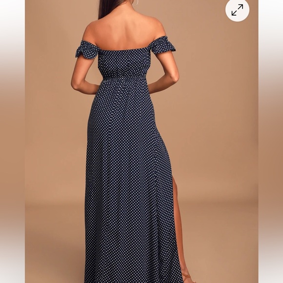 Dream Love Navy Blue Polka Dot Off-the-Shoulder Maxi Dress - Picture 6 of 9